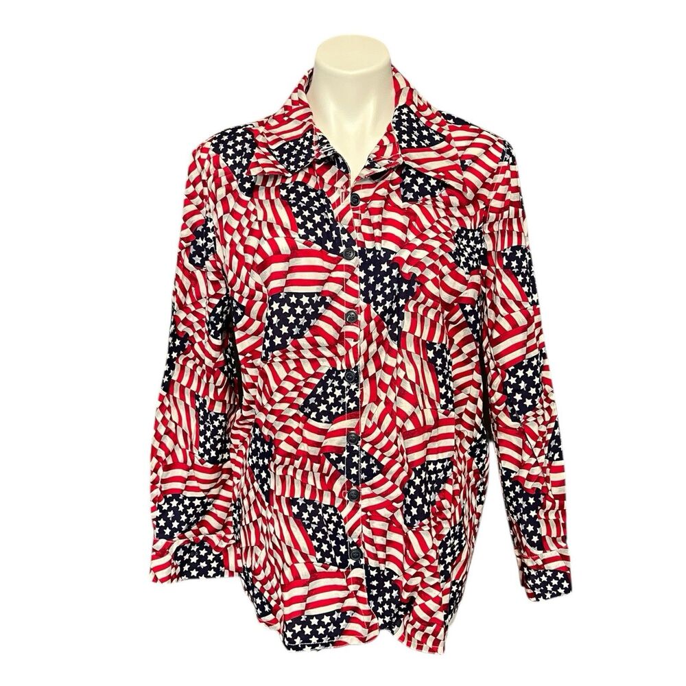Vintage Flag Shirt American Button Up Red White Blue 90s AOP Western